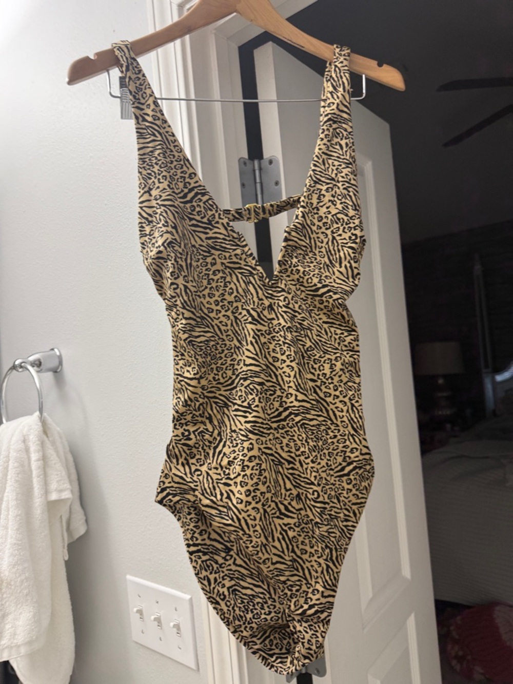 Animal Print One-Piece Swimsuit in Tan and Black